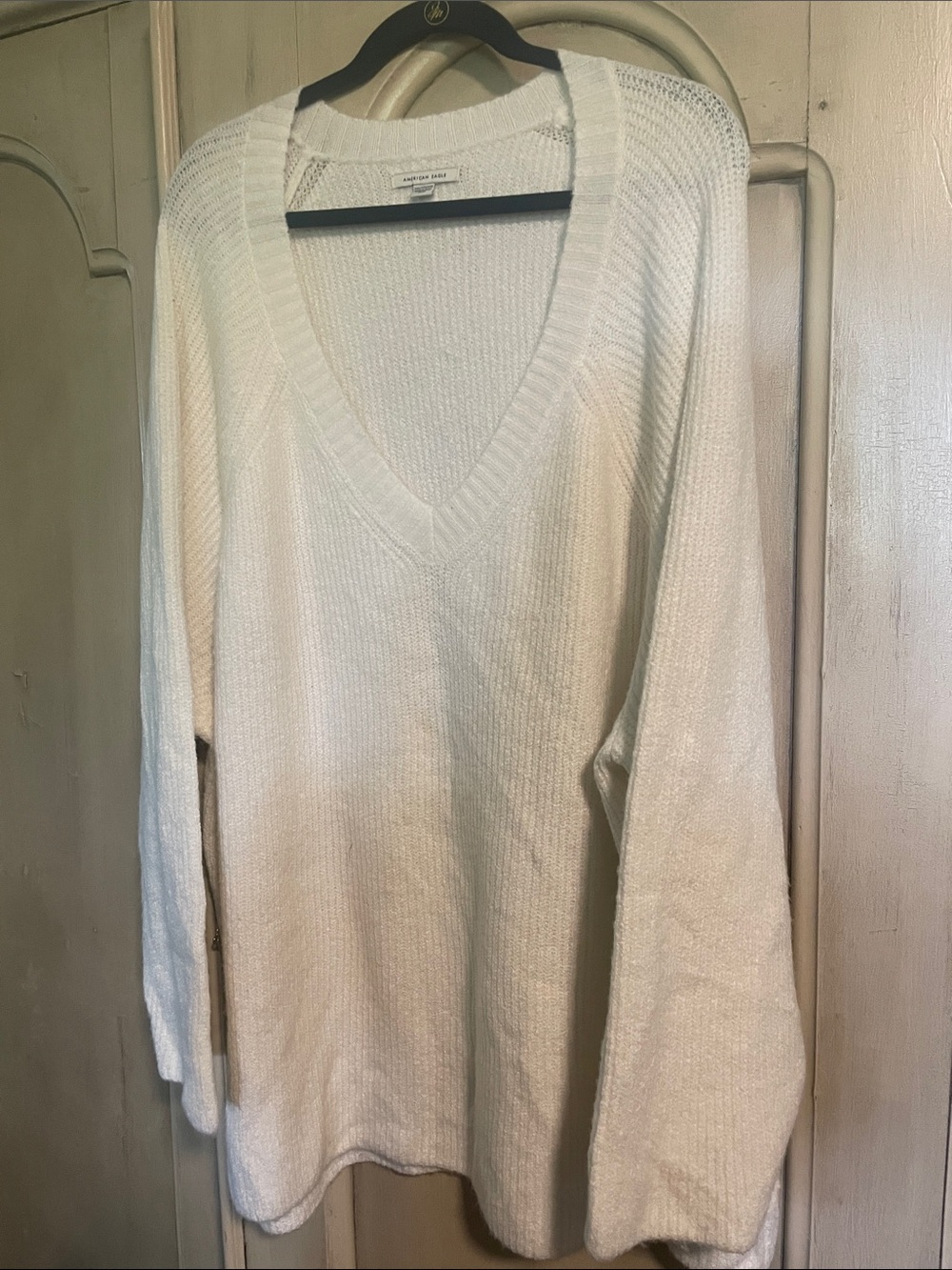 American Eagle Outfitters Ivory Open-Knit V-Neck Sweater